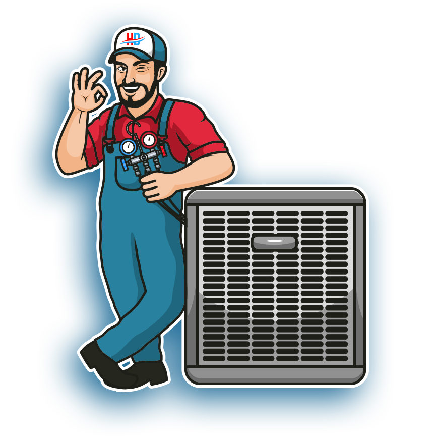 A cartoon of a man standing next to an air conditioner.