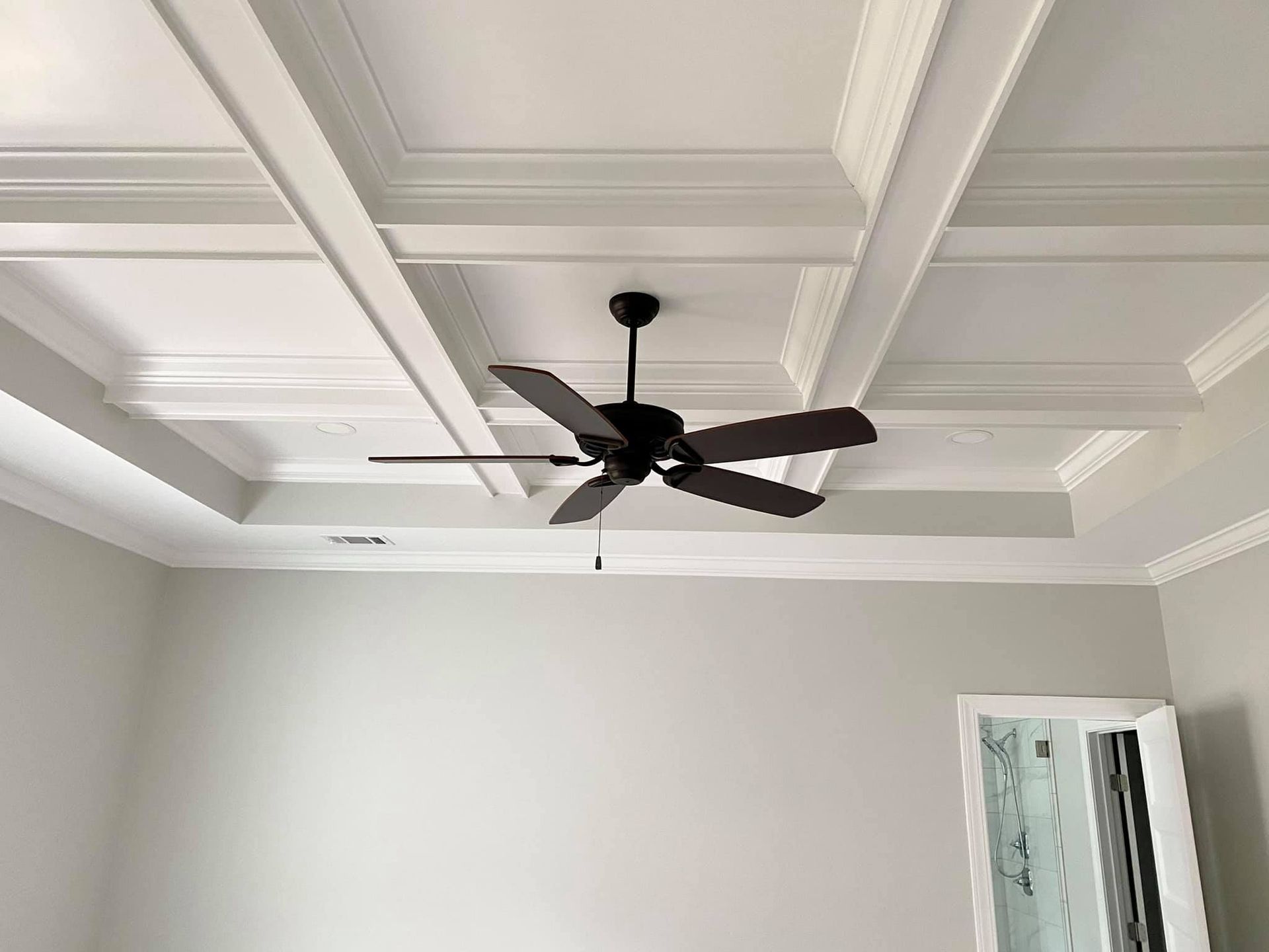 White coffered ceiling with dark ceiling fan; light gray walls.