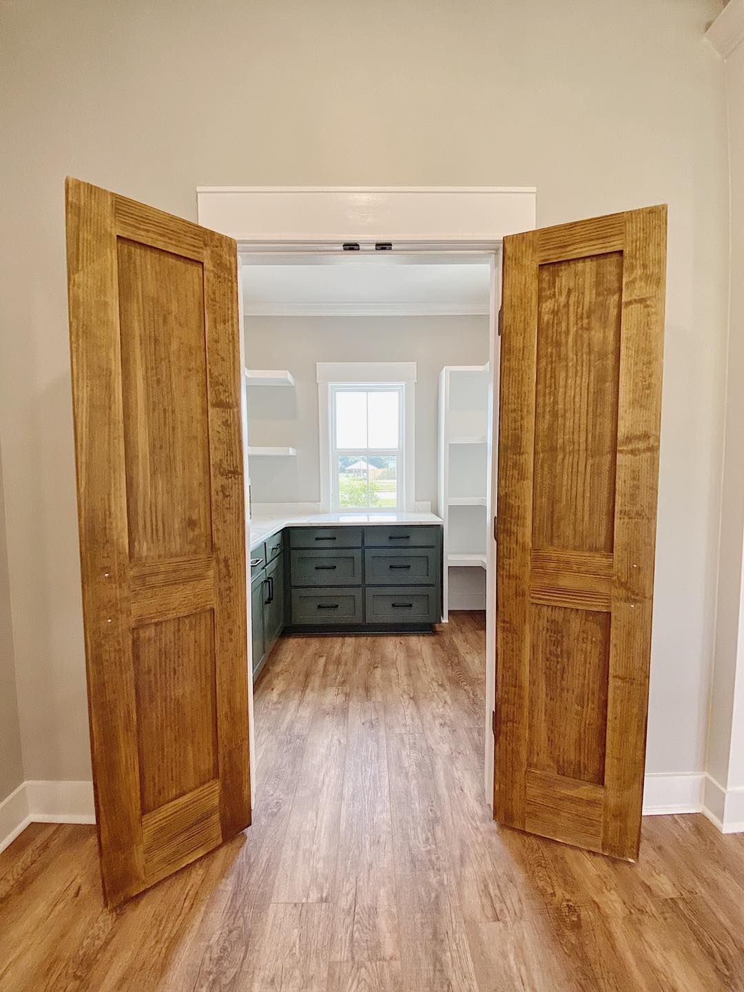 Open wooden double doors lead into a kitchen with blue cabinets, white shelves, and a window.