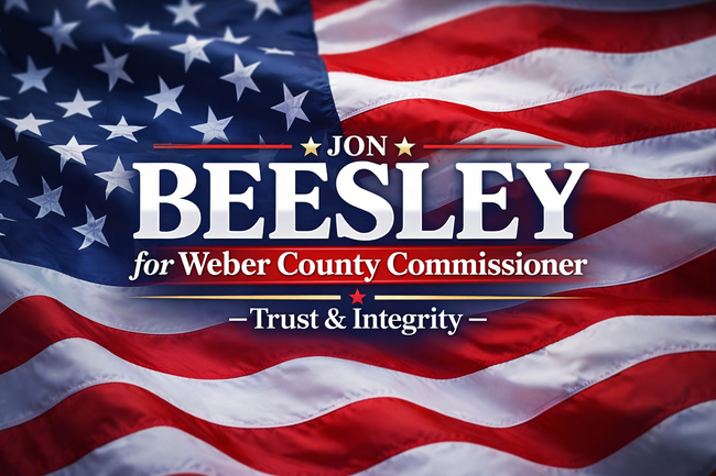 Campaign graphic for Jon Beesley for Weber County Commissioner featuring a U.S. flag background and the slogan Trust & Integrity.