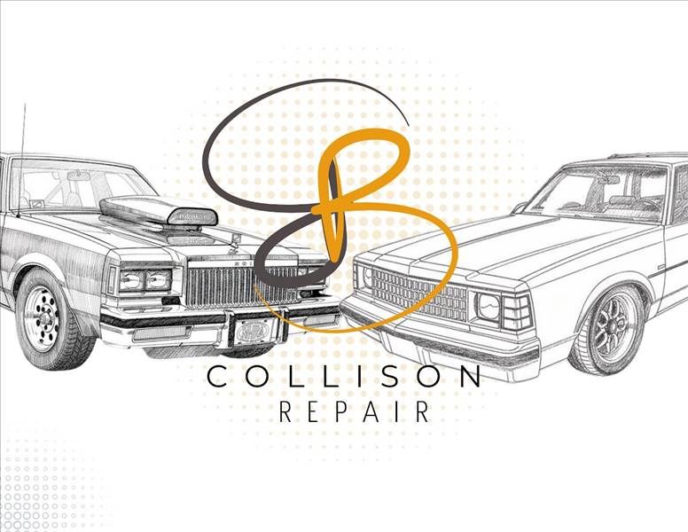 Logo: Two cars facing each other with the letters "SB" in the middle, text "COLLISION REPAIR."