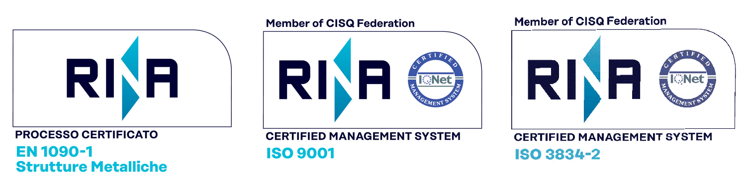 Tre loghi di certificazione RINA per ISO 14001, ISO 45001 e ISO 50001 su sfondo bianco.