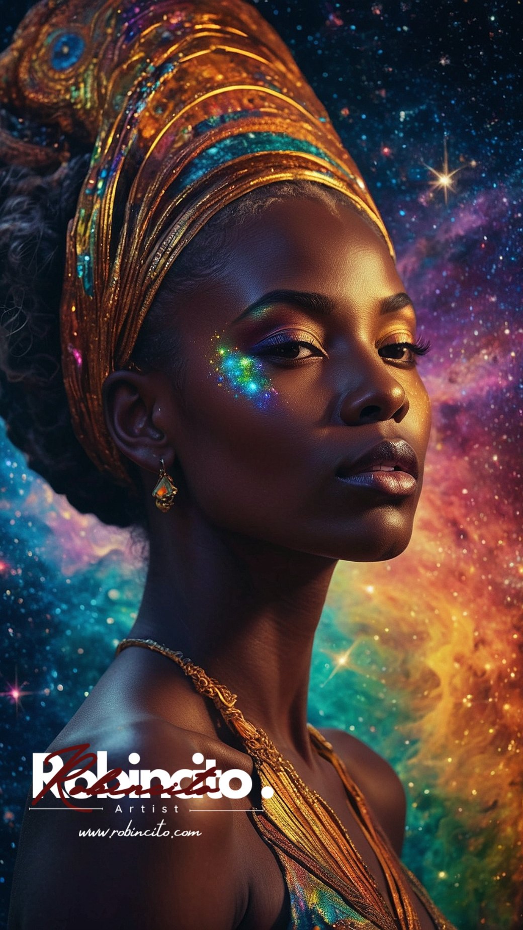 Woman with a gold headpiece against a colorful galaxy backdrop.