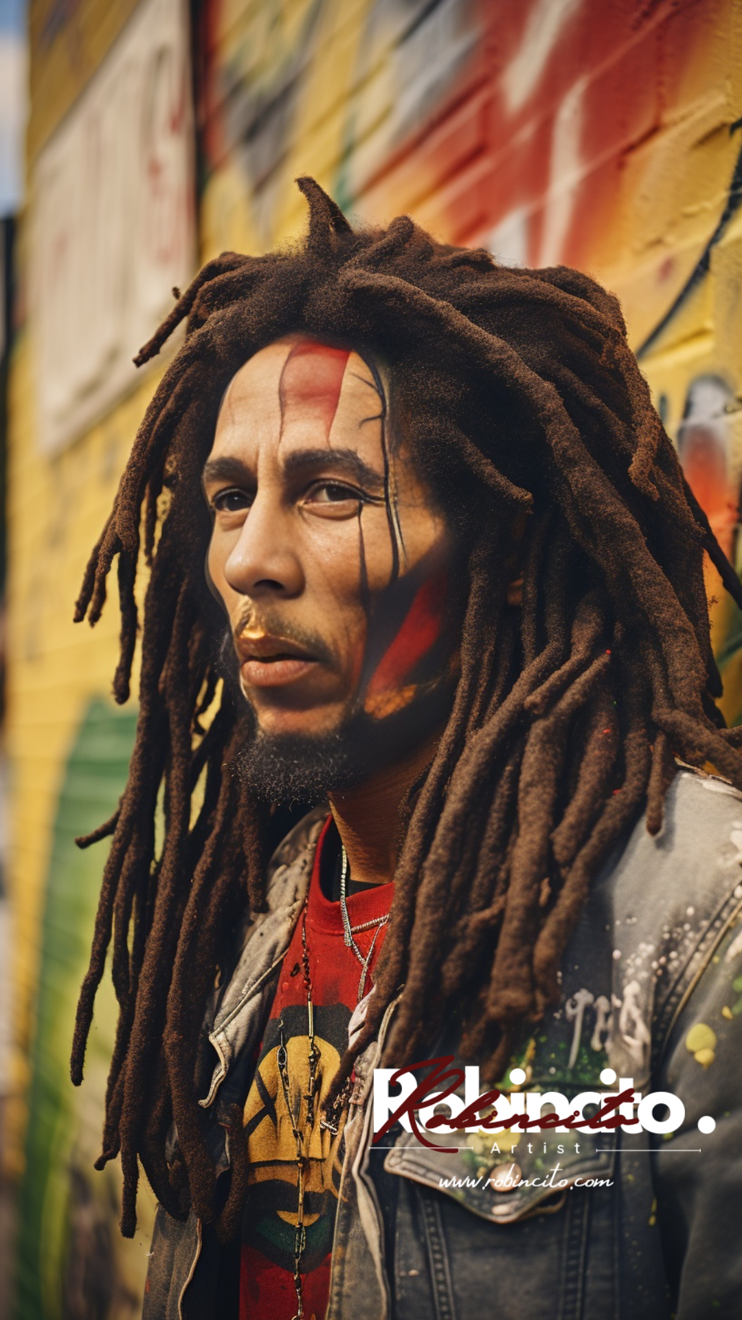 Bob Marley portrait with dreadlocks, painted face, leaning against a graffiti-covered wall.