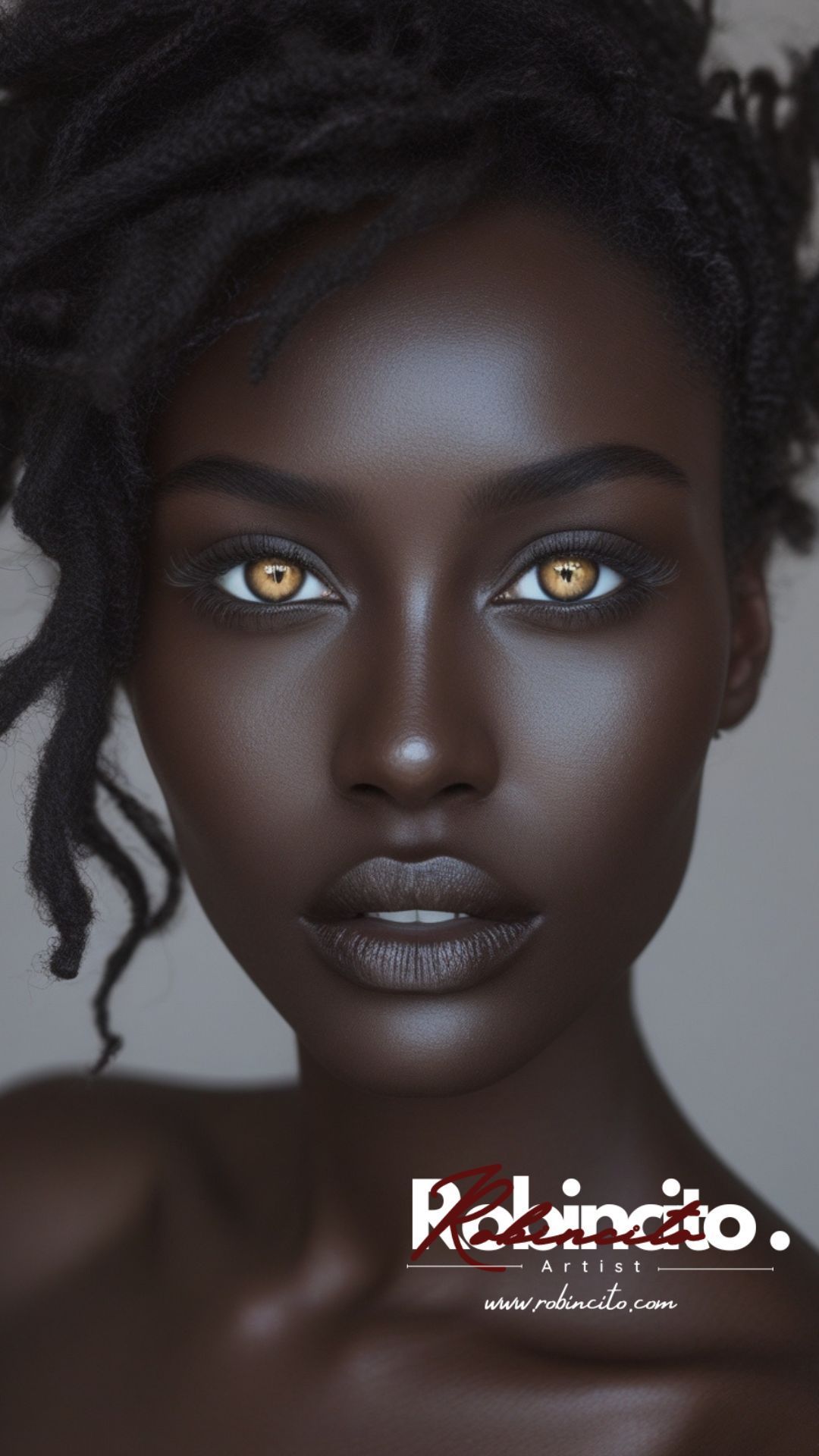 Dark-skinned woman with dreadlocks and golden eyes, gazing forward, nude shoulders.