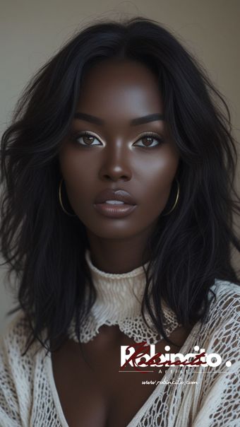 Woman with dark skin, wavy dark hair, wearing white top, gold eye makeup.