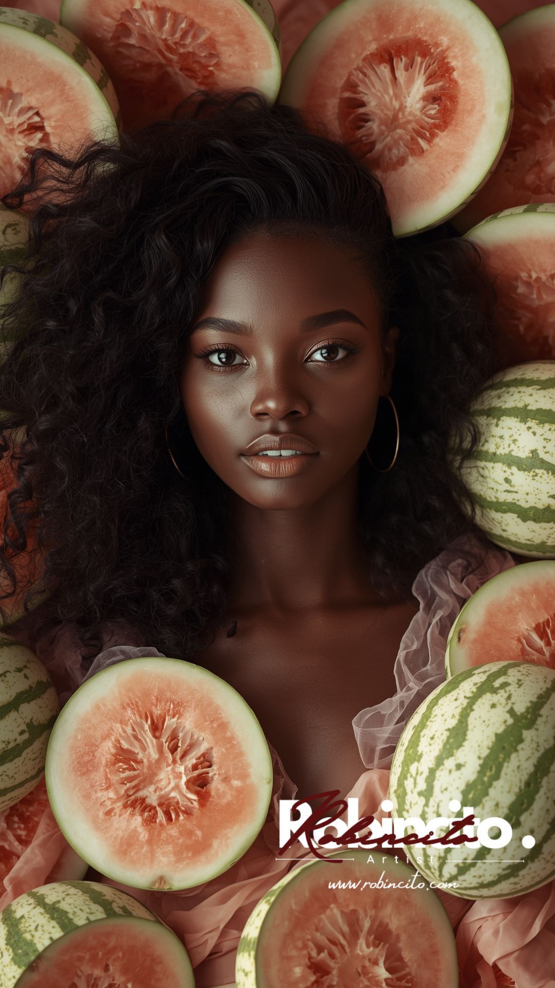 Woman with dark skin surrounded by sliced melons, soft lighting, gazing forward.