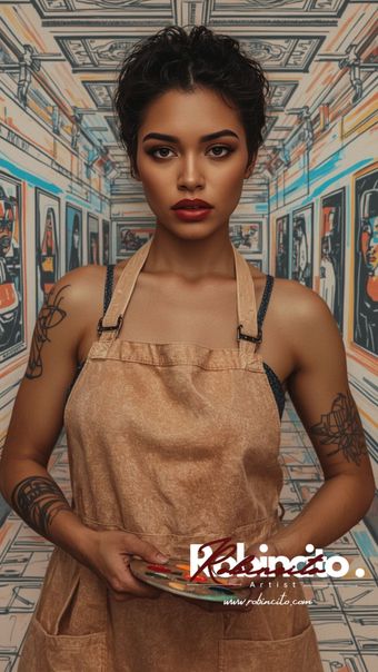 Woman in apron, holding palette in art gallery. Brown hair, tattoos, red lipstick.