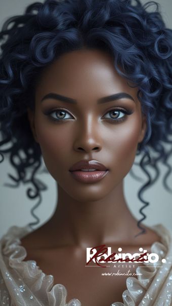 Woman with dark skin, blue curly hair, and light eyes, wearing a shimmering top; centered, close-up.