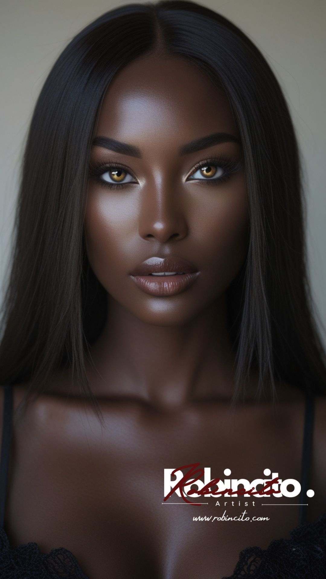 Dark-skinned woman with long black hair, brown eyes, and a serious expression.