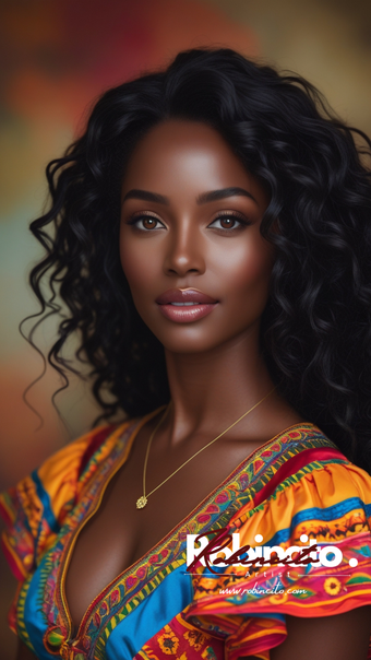 Beautiful Black woman with curly hair, wearing a colorful patterned top and gold necklace.