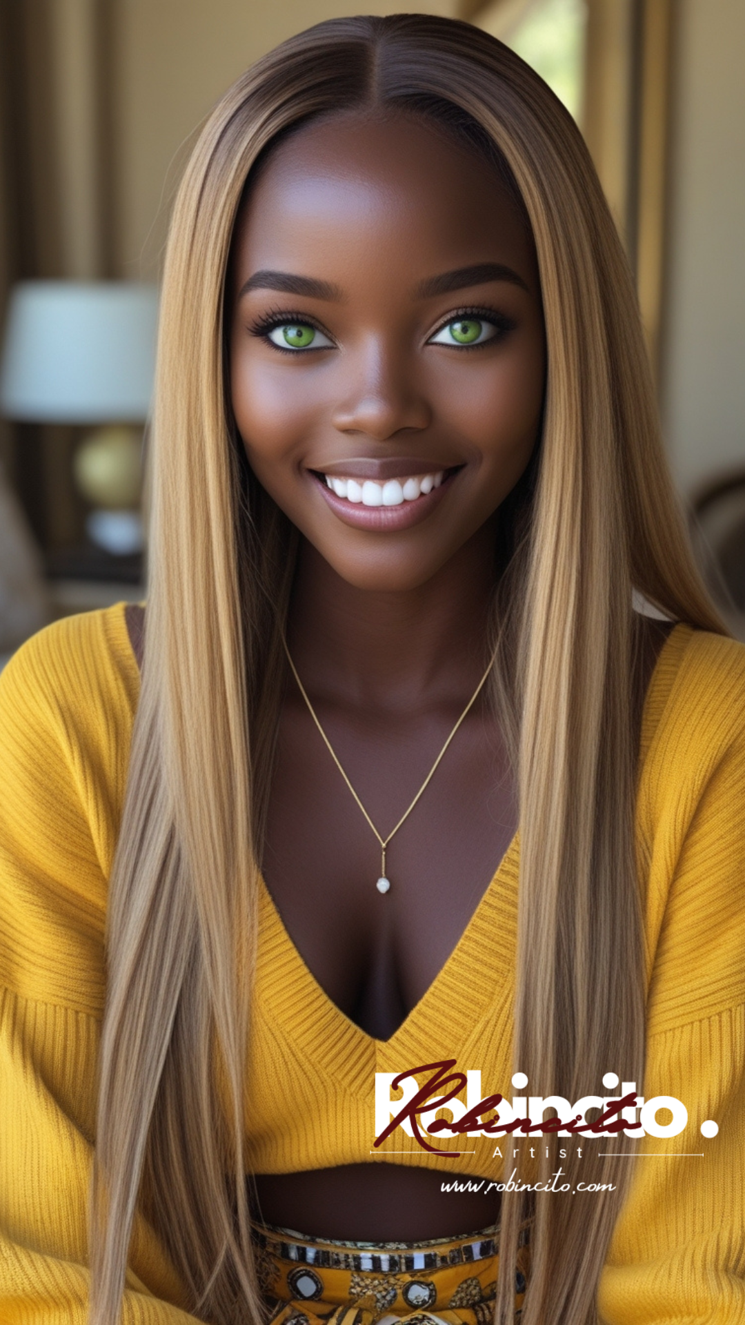 Woman with light brown hair and green eyes smiling; wearing a yellow top.