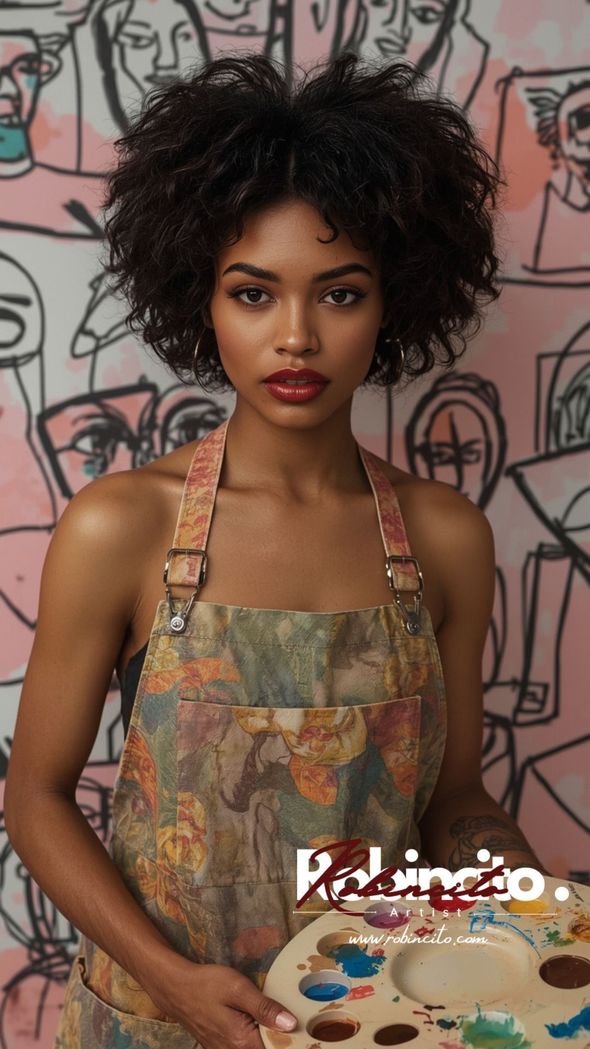 Woman with curly hair wearing an apron, holding a paint palette, in front of a colorful mural.