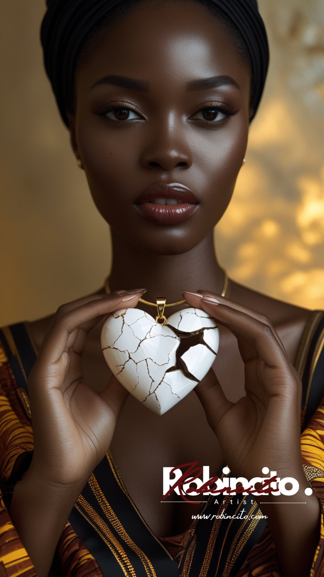 Black woman holding a broken white heart; gold background; wearing patterned outfit and head wrap; sad expression.