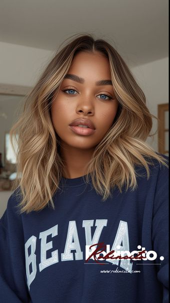 Woman with wavy blonde-brown hair, wearing a blue sweatshirt, looking directly at the camera.