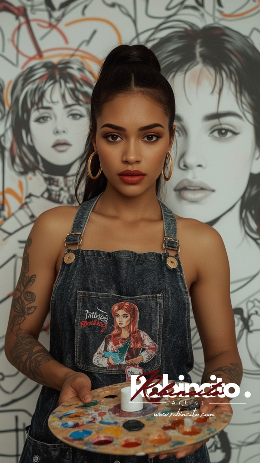 Woman artist in denim apron holding a paint palette, standing in front of her artwork.