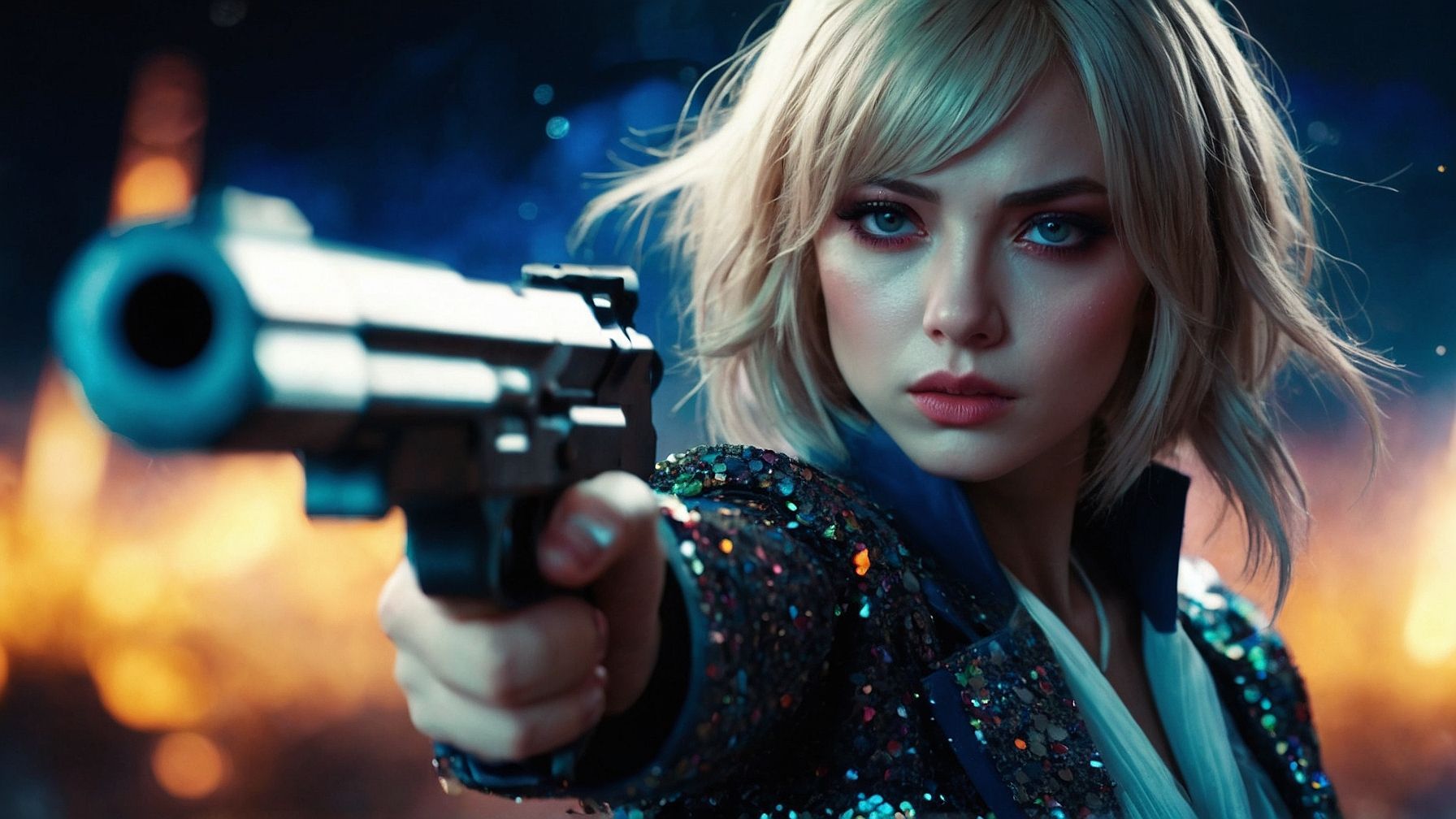 Blonde woman with blue eyes aims a pistol, dramatic lighting.