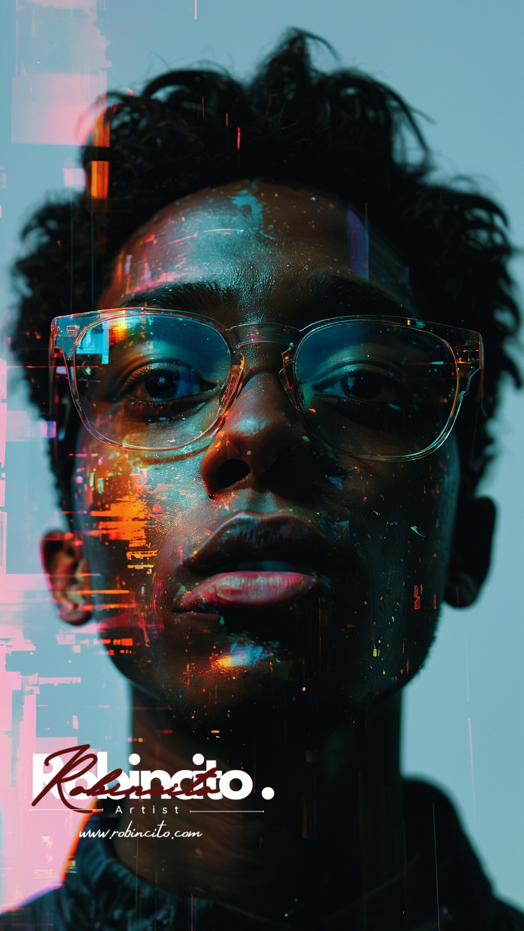 Man with glasses, face overlaid with glowing digital data, against a blue backdrop.