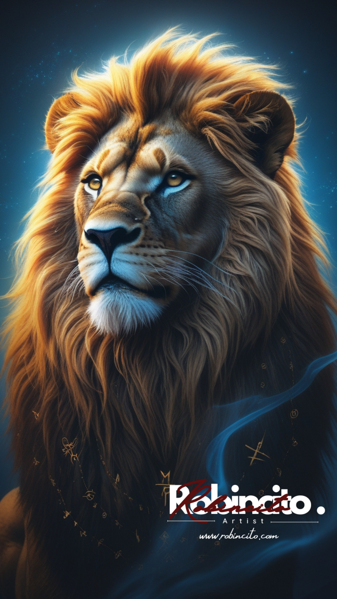 Majestic lion with golden mane against a starry blue background, gazing thoughtfully.