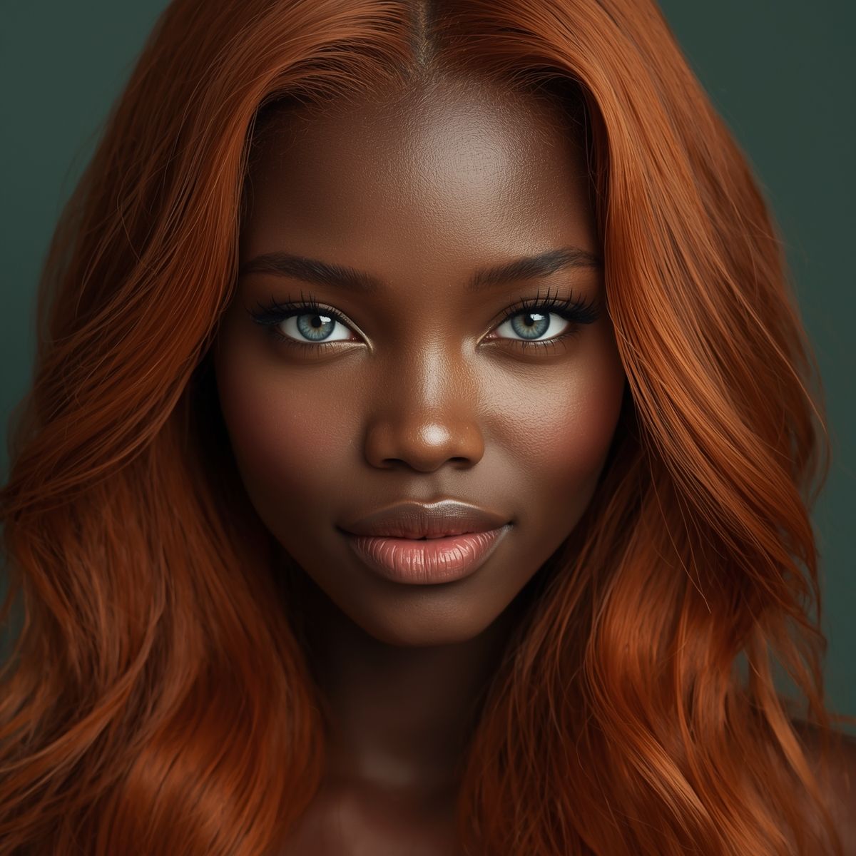 Black woman with auburn hair and light eyes, looking at the viewer, against a teal background.