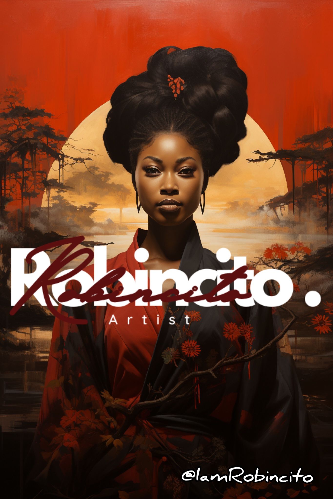 Black woman in traditional Japanese-inspired attire, red and black with a sunset backdrop. Artist 