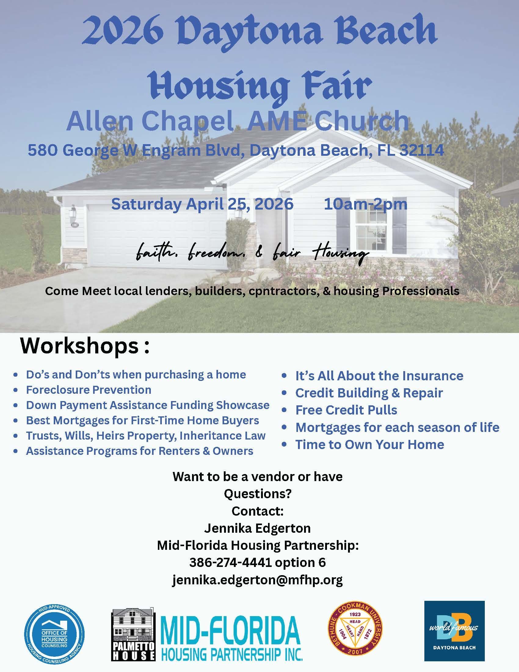Flyer for a free housing empowerment workshop: foreclosure prevention. Held at Palm Coast Community Center, February 21, 2026.