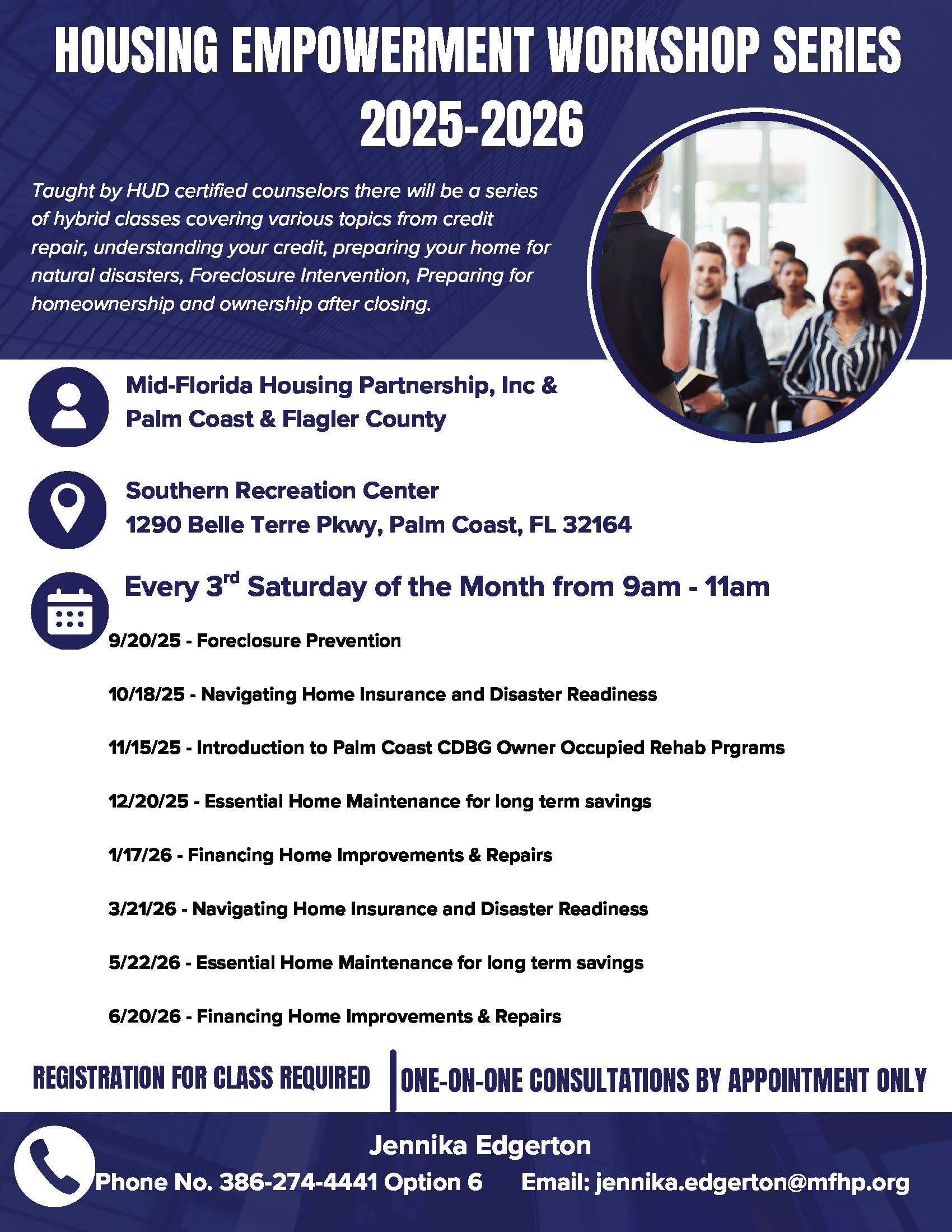 Workshop flyer: Housing empowerment series in Palm Coast, FL. Saturday mornings, 2025-2026.