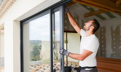 Worker Installing Bay Window In A New House — Chatsworth, CA — Door & Window Center