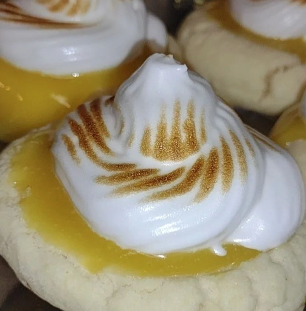 A close up of a lemon meringue cookieupca