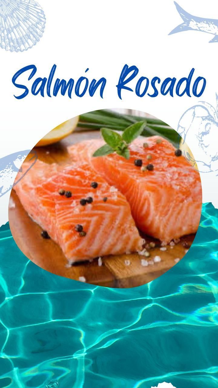 Un cartel de salmón rosado con una imagen de salmón en un plato.