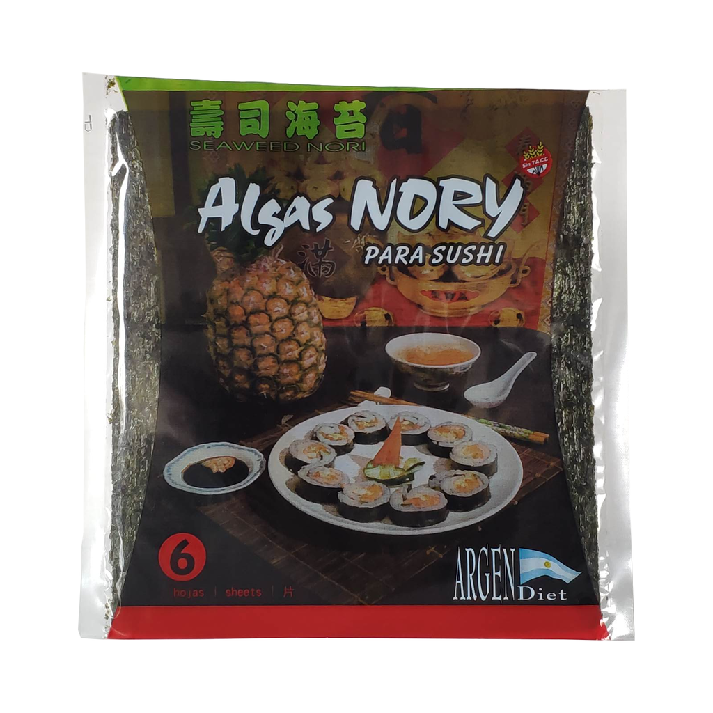 Una bolsa de algas nori para sushi con una imagen de sushi en ella.