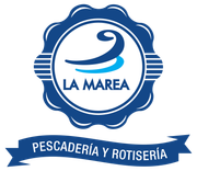 A blue and white logo for la marea pescaderia y rotiseria