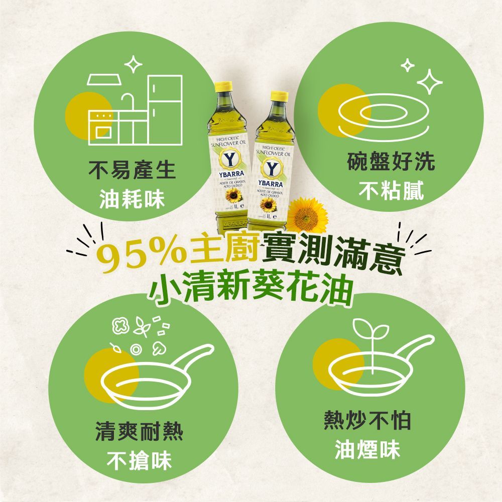 【西班牙YBARRA】小清新高油酸葵花籽油 1000ml 原裝進口 煎煮炒炸 高發煙點