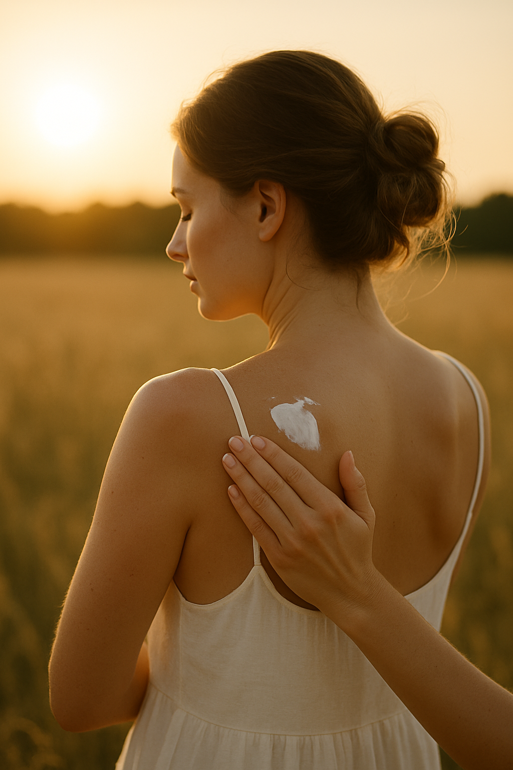 femme face au coucher du soleil qui se fait appliquer de la crème solaire sur son dos