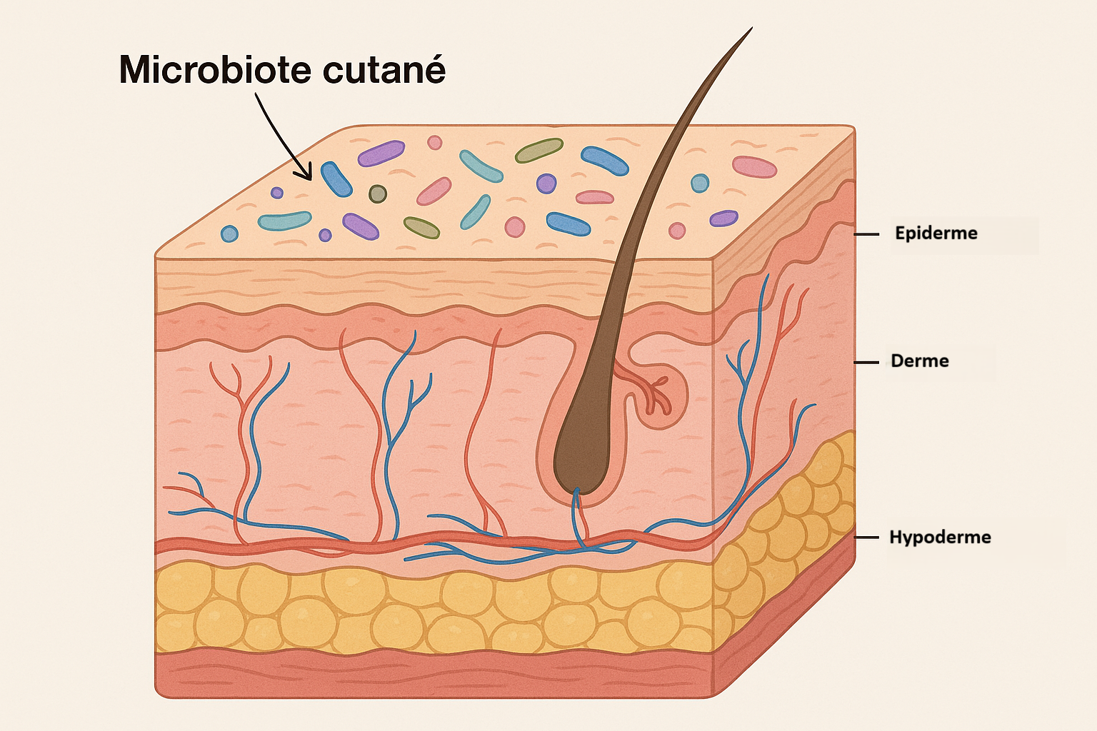 schéma de la peau montrant où se situe le microbiote cutané