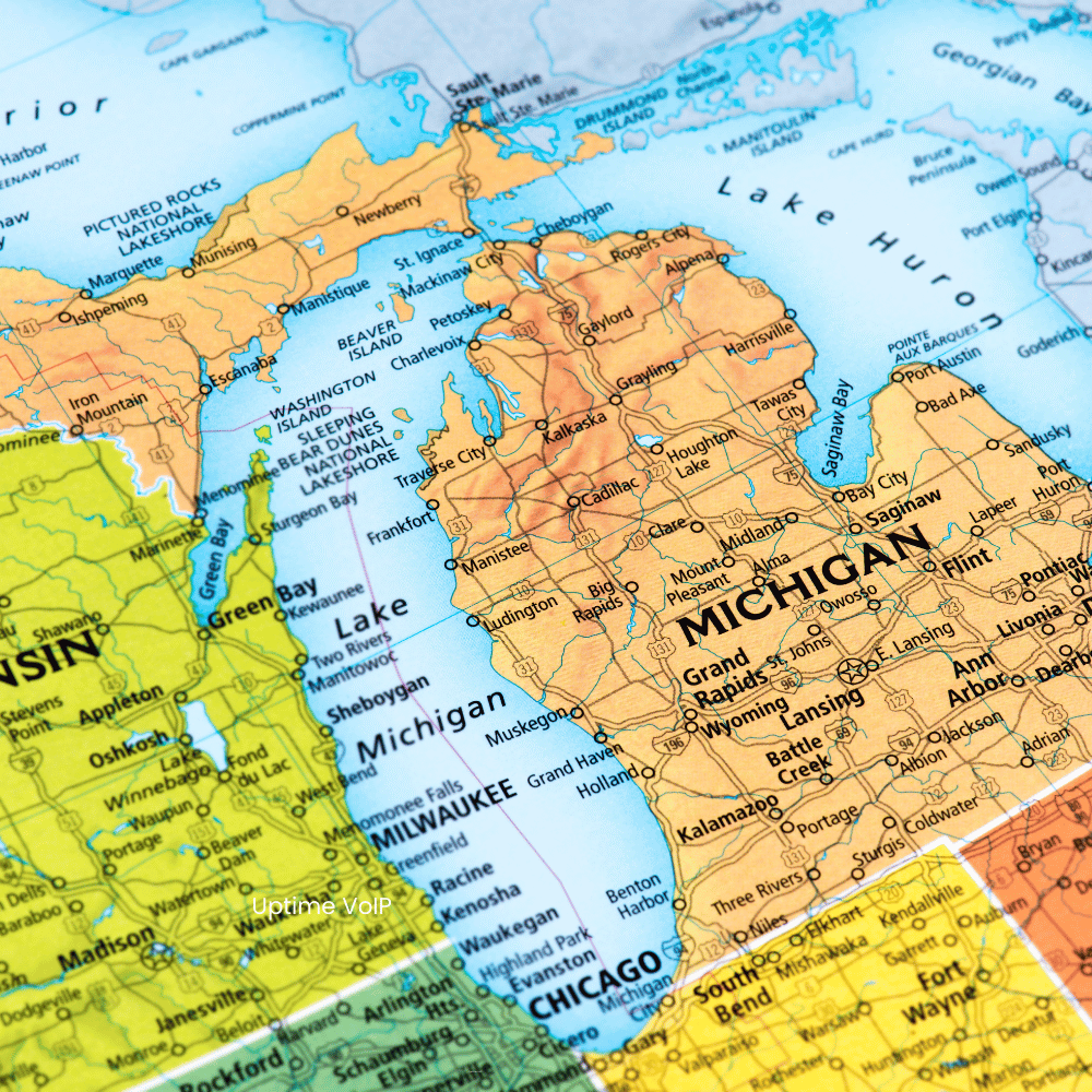 A close up of a map showing michigan and chicago