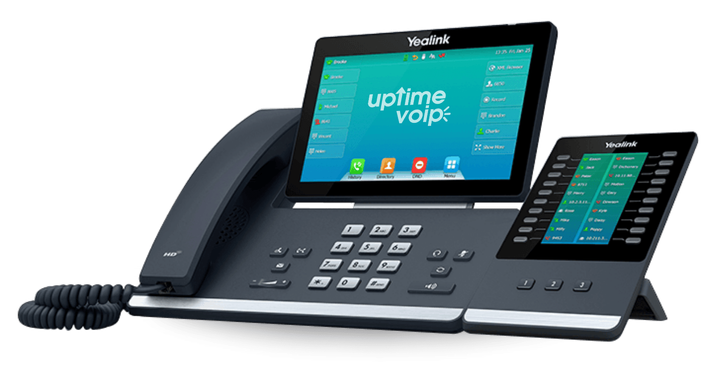 A telephone with a tablet attached to it that says uptime voip