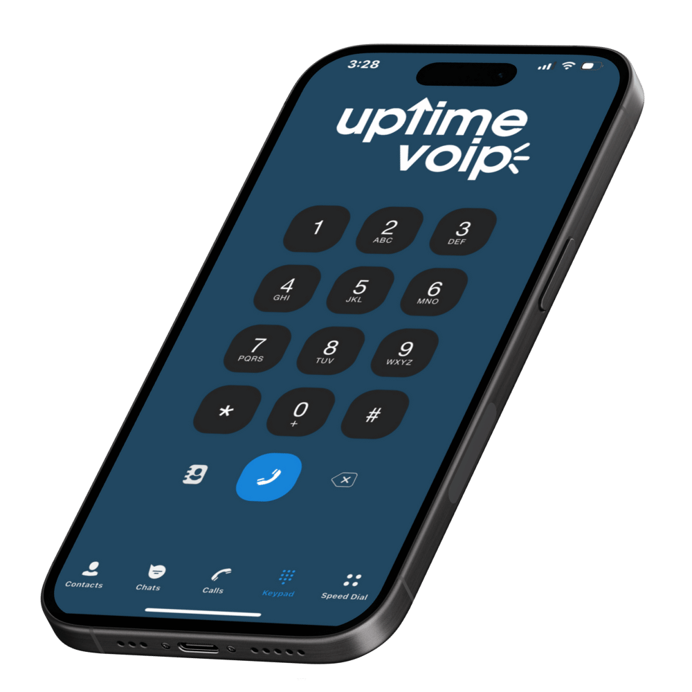 A phone with uptime voip on the screen