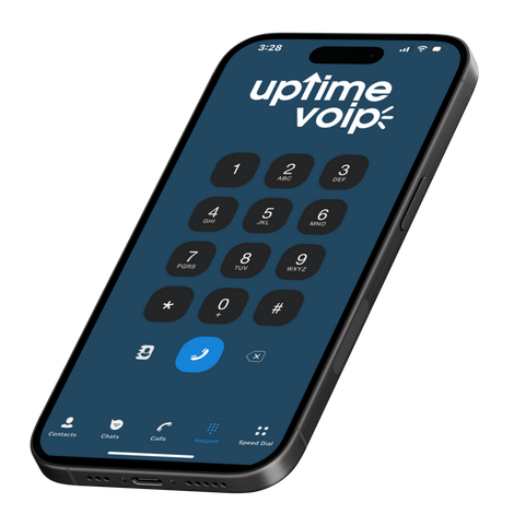 Smartphone displaying a dark-themed dial pad for Uptime VoIP.