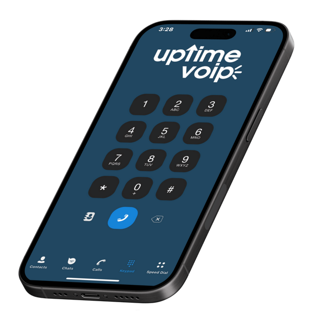 A phone with uptime voip on the screen