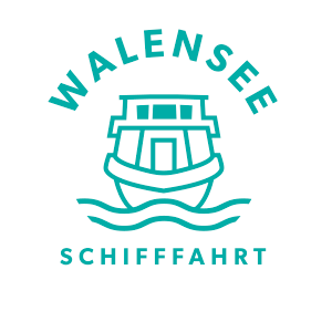 Un logotipo para Walen See Schifffahrt con un barco en el agua.