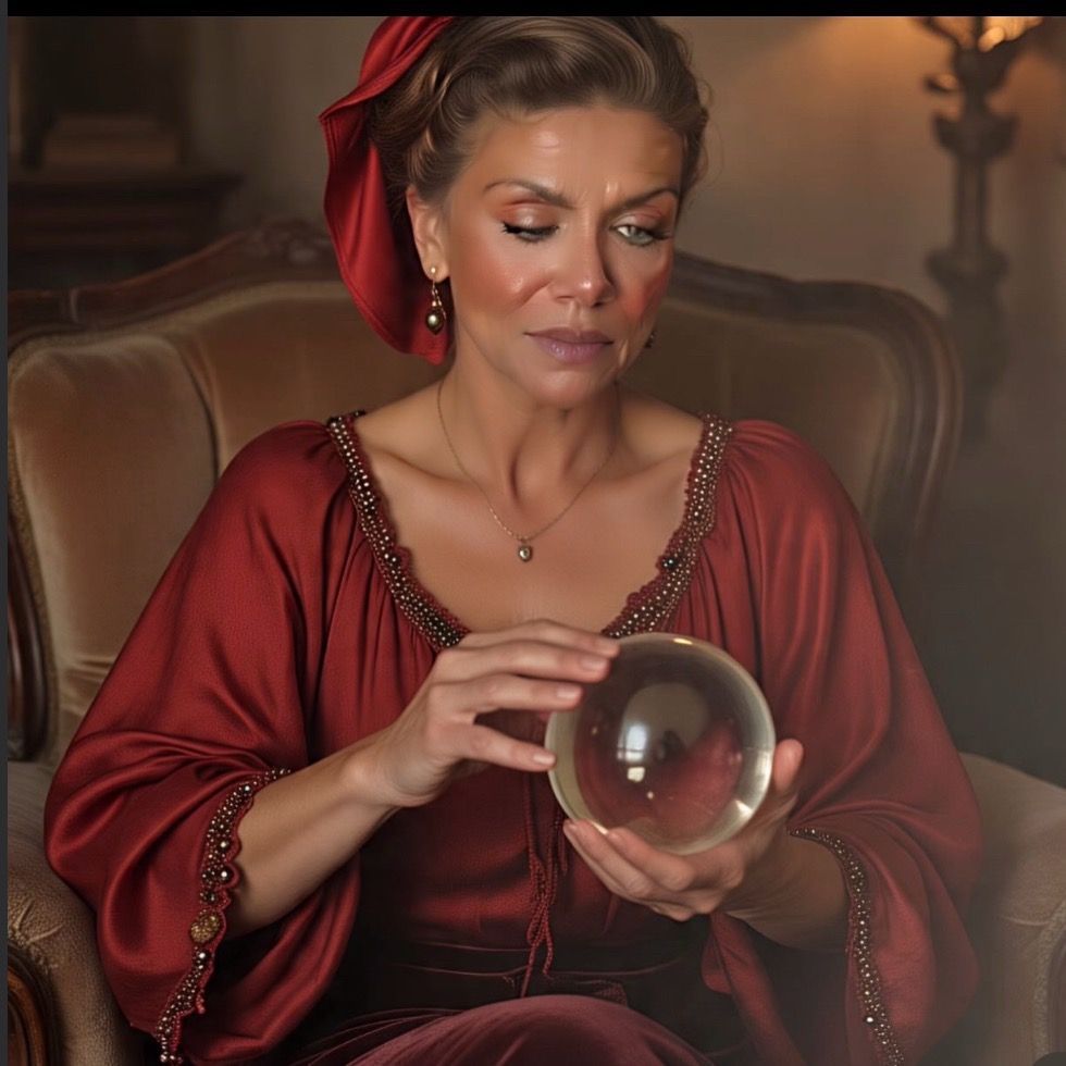 Hands of a fortune teller examining the palm of a person at a table with candles and crystals.