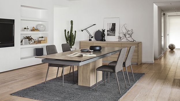 Sala da pranzo con un tavolo di legno, quattro sedie grigie e un cactus.