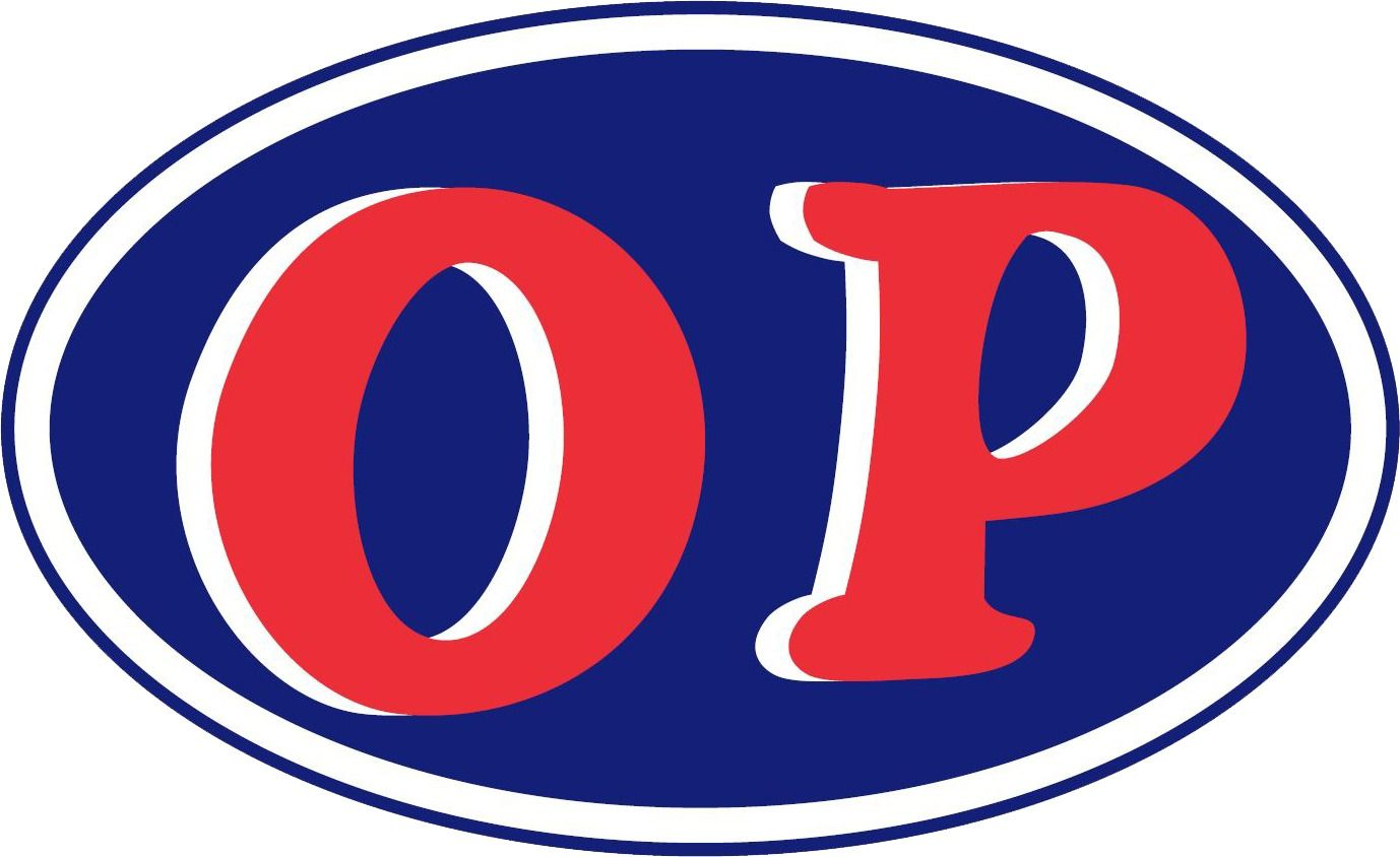 Lettere rosse "OP" su un ovale blu scuro, con contorno bianco e blu.