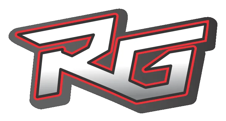 A red and white logo on a white background.