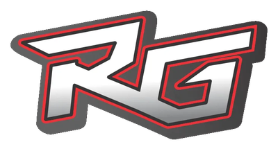 A red and white logo on a white background.