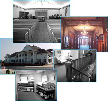 Collage of photos of interior and exterior views of McCammon Ammons Click Funeral Home Inc in Maryville, TN
