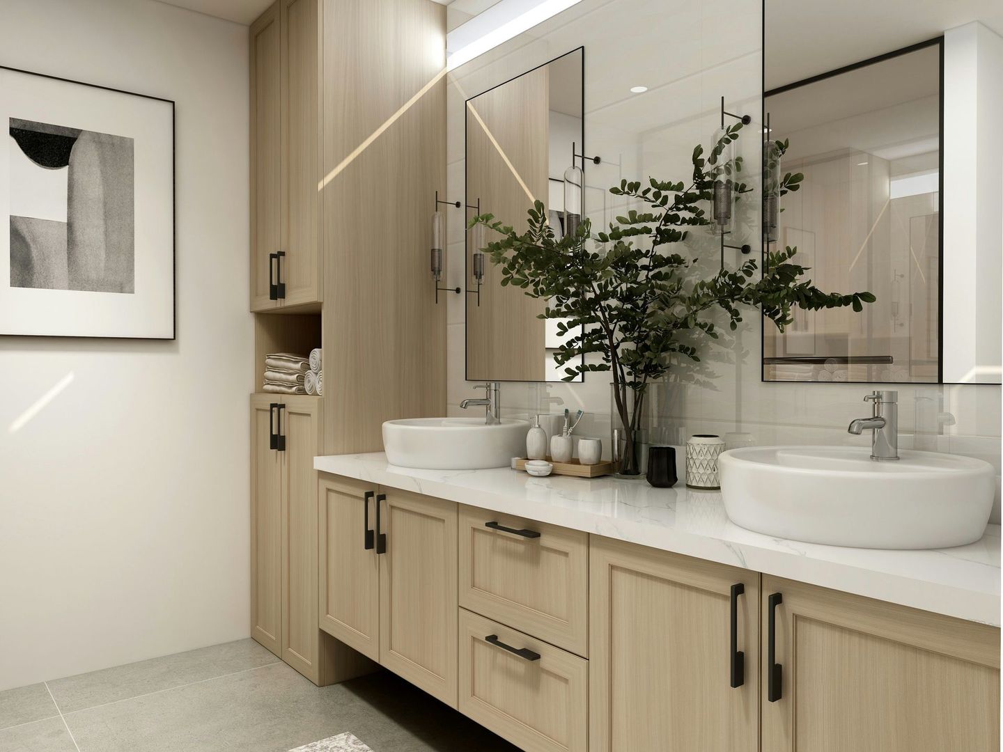 Vessel sinks atop a double vanity in a pale wood with black fixtures.