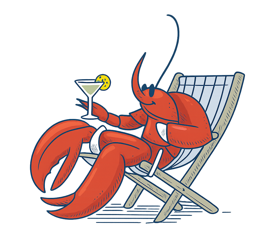 Red lobster relaxing in a beach chair, holding a cocktail with a lemon slice.