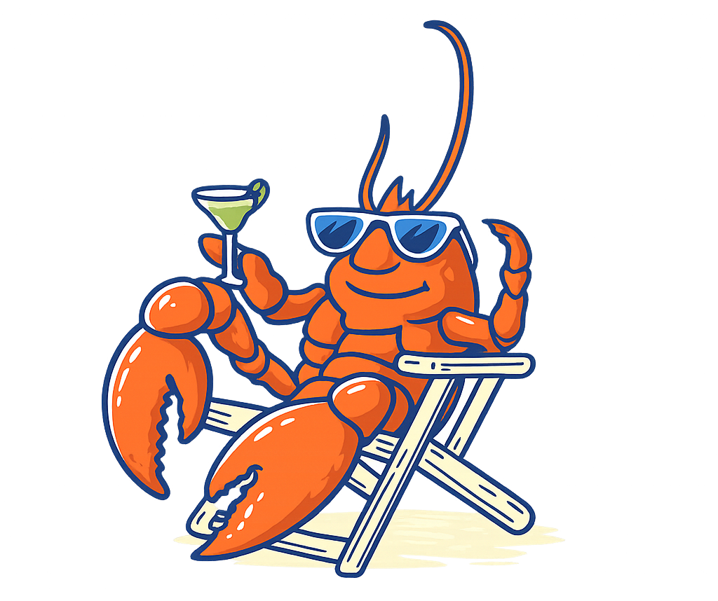 Relaxed lobster in sunglasses, holding a martini, sitting in a beach chair.